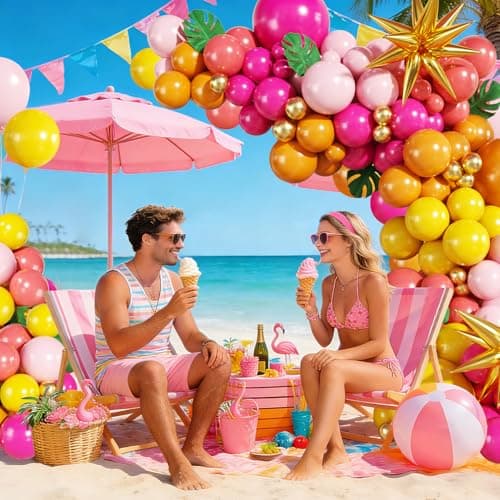 Tropical Balloon Arch Kit 140Pcs Pink and Orange Balloon Arch Kit Include Hot Pink Orange Yellow Pink Gold with Foil Star Balloons for Hawaiian Luau Aloha Theme Baby Shower Birthday Party Decorations - Thumbnail 3