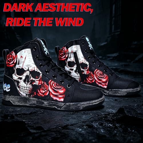 GXZUORUI Retro Skull & Rose Motorcycle Riding Shoes for Men Women, Casual Daily Wear Motocross Sneakers with Side Zipper, Ankle Support & Anti-Slip Protective Footwear (Red, Adult, Men, 12, Numeric, US Footwear Size System, Medium) - Thumbnail 3