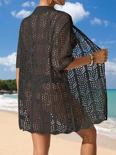 BreathSunny Womens Crochet Knit Swimsuit Coverup Caridgan Summer 2026 Polo Collar Button Front Hollow Out Mesh Swimwear Coverups Beach Swim Bikini Bathing Suit Cover Up Mini Shirt Dress Black L - Thumbnail 5