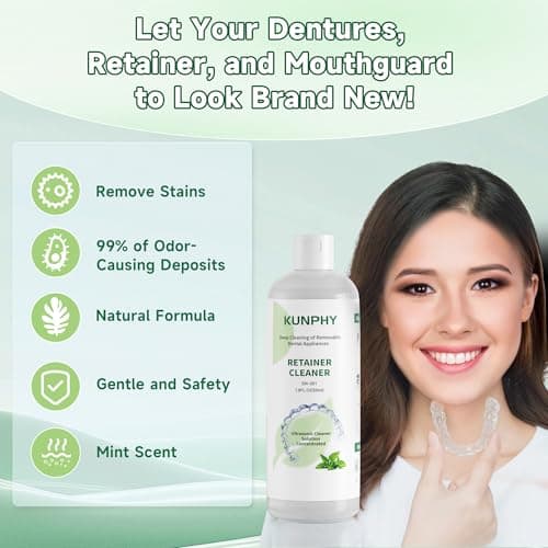 KUNPHY Ultrasonic Retainer Cleaner Solution Concentrate-Professional Cleaning of Retainers, Denture, Invisible Aligners, Mouth Guards, Night Guards, Remove Odors, Discoloration & Stains 1.8 oz(Mint) - Thumbnail 2