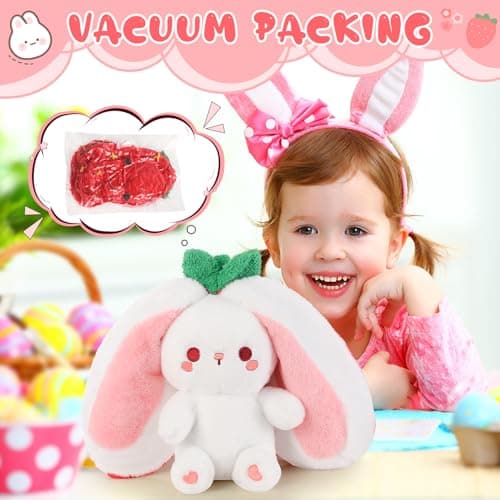 Emoin Soft Reversible Bunny Stuffed Animal, 10-Inch Cute Strawberry-to-Bunny Transformed Plush Toy with Zipper, Easter Strawberry Bunny Plush for Kids Adults Birthday & Sweet Valentine’s Day Gifts - Thumbnail 5