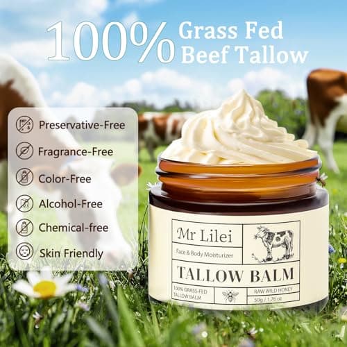 Lilei Beauty Beef Tallow for Skin - 100% Organic Grass-Fed Beef Tallow Balm with Raw Honey, Natural Whipped Face Moisturizer & Body Butter for Dry & Sensitive Skin, Non-Greasy (Unscented, 50g/1.76oz) - Thumbnail 3