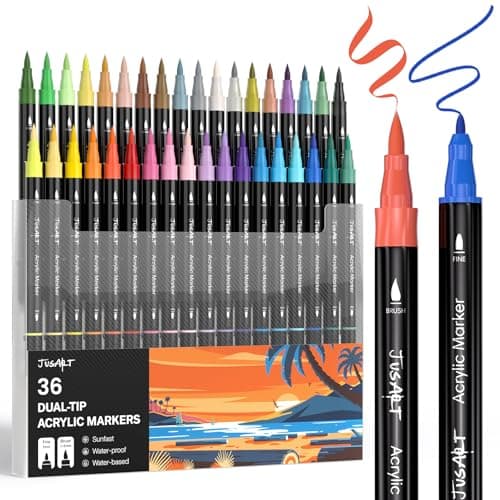 JusArt 36 Colors Dual Tip Acrylic Paint Pens Markers, Brush and Fine Tip, Premium Paint Pens for Wood, Canvas, Egg, Stone, Fabric, Rocks, Metal, Glass, Ceramic, DIY Crafts Making Art Supplies Gifts - Image 1