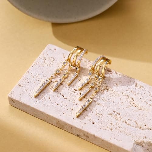 Gold Dangle Earrings for Women, 14k Gold Plated Statement Triple Hoop Illusion Drop Earrings Cubic Zirconia Huggie Earrings for Women Trendy - Thumbnail 6
