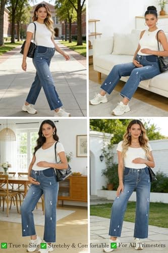 BLENCOT Women's Maternity Soft Capri Jeans Under Belly Elastic Panel Ripped Raw Hem Wide Leg Stretchy Denim Pants Summer Casual Maternity Wear Ashleigh Blue L - Thumbnail 4