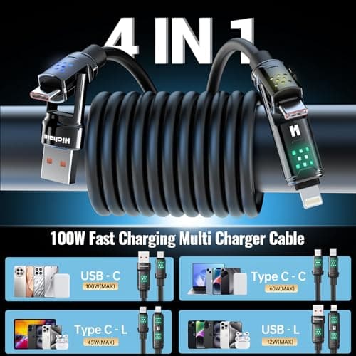 Hichain 100W 4-in-1 Multi Charging Cable, USB C to Lightning Cable, with Light for iPhone 17-15 Series Fast Charging, Chubby USB A/C to C/Lightning Charging Cord - 6 FT - Thumbnail 2