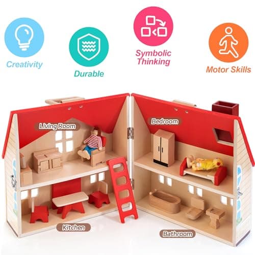 Foldable Wooden Dollhouse with 13PCS Furniture, 4 Rooms and 2 Flexible Dolls, Pretend Play Doll House Set with Portable Handle, Christmas Birthday Gift for Boys Girls Age 3+ - Thumbnail 3