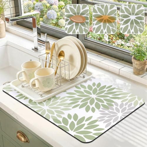 Findosom Floral Dish Drying Mat, 12" x 20" Super Absorbent & Hide Stain Coffee Mat, Cuttable Drying Mat for Kitchen Counter, Under Dish Rack, Coffee Maker, Espresso Machine, Sage Green - Image 1