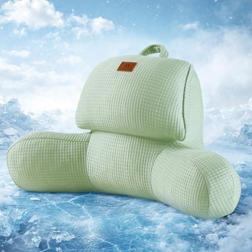 Amélie Home Premium Cooling Waffle Reading Pillow, Qmax>0.37 Ergonomic Backrest Support with Pocket & Handle, Breathable Lounging Pillow for Bed Sofa Floor Summer, 17 Inches, Sage Green - Image 1
