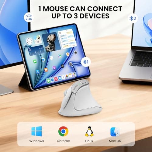 Bnnwa Wireless Vertical Ergonomic Mouse, Multi-Device(Bluetooth + 2.4G Connection), 4 Adjustable DPI, 7 Buttons Computer Mouse for PC, Laptop, Desktop, MacBook - White - Thumbnail 2