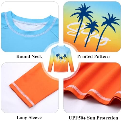 Belovance Boys Two Piece Rash Guard Swim Set Kids Long Sleeve Bathing Suit Swimwear Shirt with Trunks Swimming Suits Surfing Beach Clothes Quick Dry Size 9 10 Blue Orange Coconut Tree - Thumbnail 4