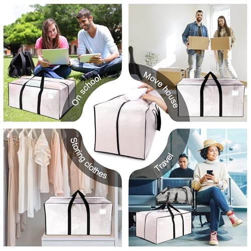 6 Pack Heavy Duty Extra Large Moving Bags W/Backpack Straps - Strong Handles & Zippers, Storage Totes For Space Saving, Fold Flat, Alternative to Box and Bin (40 gal, Semi-Transparent) - Thumbnail 6