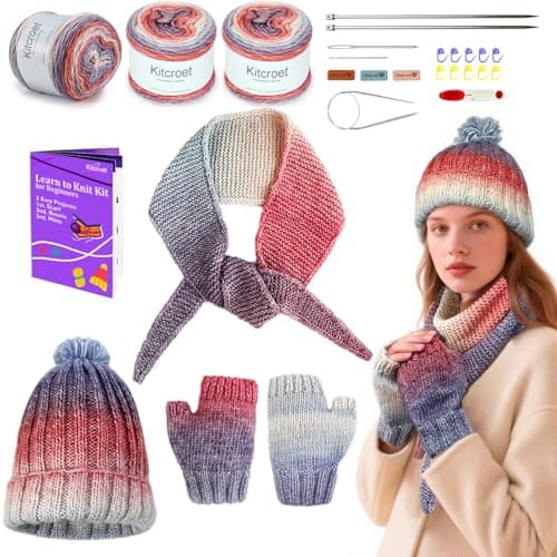 Kitcroet Knitting Kit for Beginners, Complete Beginner Knitting Kit Including Knitting Needles Set, Soft Gradiant Cake Yarn, Learn to Knit Scarf, Beanie, Mittens with Step by Step Video Tutorials
