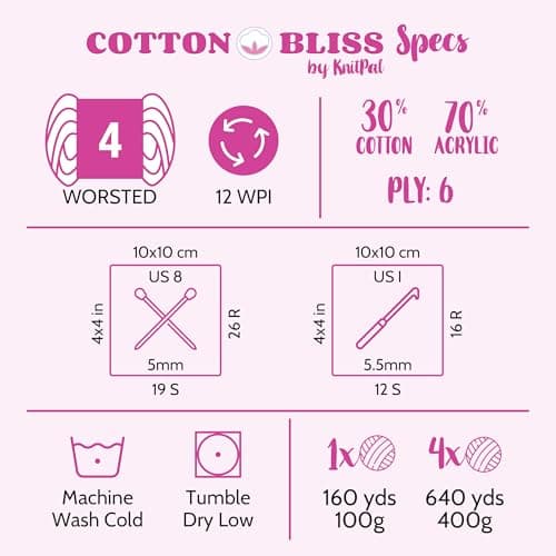 Cotton Bliss Soft Cotton Blend Yarn for Crocheting, 4-Pack (640Yds / 400G), Free Patterns, Beginners Friendly - #4 Medium Worsted Weight Yarn for Baby Blanket - Lavender Bliss - Thumbnail 4