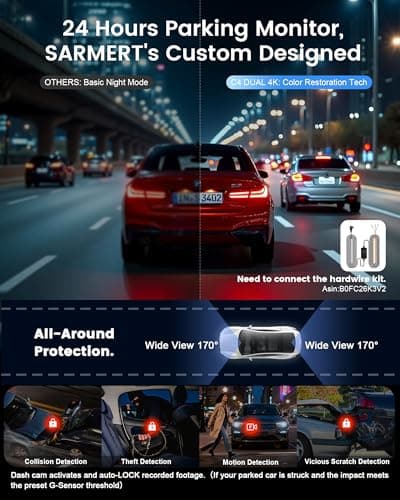 4K+4K Dash Cam Front and Rear, Sarmert C4 Dash Cam Free 128GB Card Included, Built-in GPS and 5G WiFi, HDR Night Vision, WDR Dash Camera for Cars, App, 24H Parking Mode - Thumbnail 5