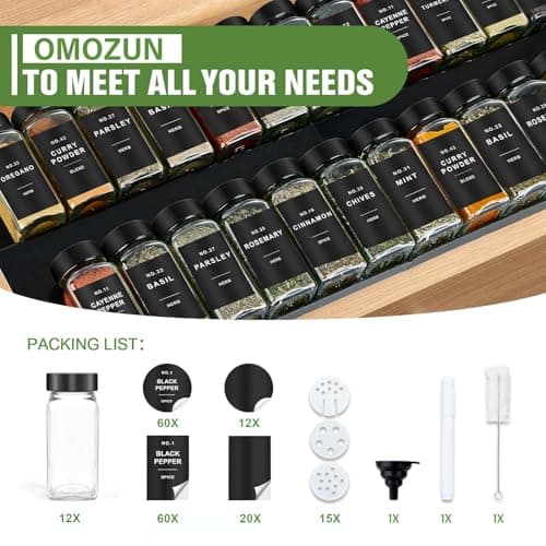 OMOZUN Spice Jars with Label, 12pcs 4oz Glass Spice Jars with Black Lids, Square Spice Containers with 152 Labels and Shaker Inserts, Empty Seasoning Bottles for Drawer, Cabinet, Seasoning Organizer - Thumbnail 3