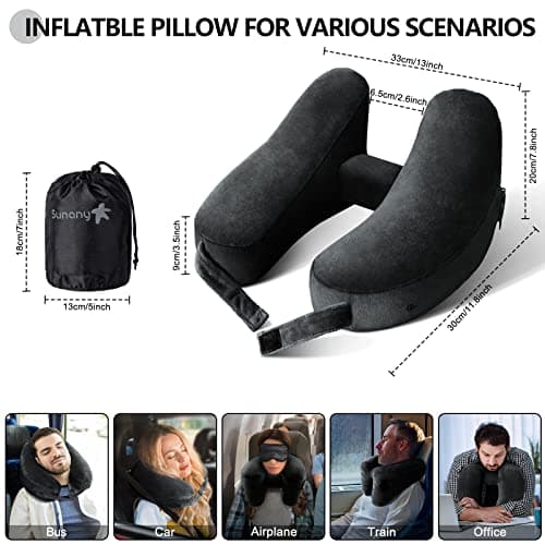 Sunany Neck Pillow for Travel Inflatable Airplane Pillow Comfortably Supports Head, Neck and Chin, Inflatable Travel Pillow with Soft Velour Cover and Portable Drawstring Bag (Black) - Thumbnail 4