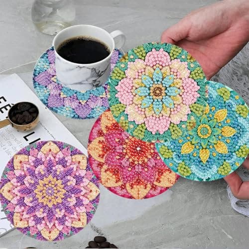 Diamond Painting Coasters Kit Mandala With Holder, DIY Mandala Diamond art Coasters Cork Wooden Pad Board Double Layer is Strong and Wear-Resistant for Beginners Adults Art Craft Supplies Gift 4X4IN - Thumbnail 5