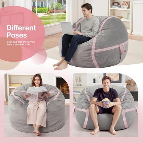 HABUTWAY 3ft Bean Bag Chair Giant Bean Bag Chairs with Memory Foam Filled, Large Beanbag Chair with Removable Dutch Velvet Cover for Living Room, Bedroom, Dorm, Light Grey & Pink - Thumbnail 6