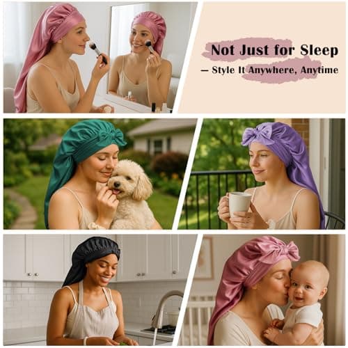 Women's Silky Bonnet - Long Tie Sleep Cap, Curly/Natural Hair, Adj. Night Hat, +10 Scrunchies, Mom/Wife - Thumbnail 6