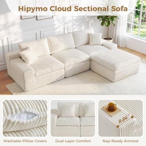 HipyMo 105" L-Shaped Boneless Cloud Couch, Modular Sectional Sofa with Ottoman and Extra-Wide Armrests, Deep Seat Sectional Couches for Living Room, High-Density Foam, No Assembly Required, Beige - Thumbnail 6