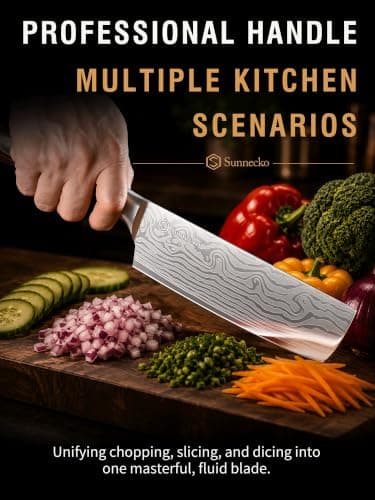 Sunnecko Japanese Nakiri Knife 7 Inch - 12° Edge Carbon Steel Chef Knife for Meat Vegetable Cutting Japanese Style, Full Tang Forged Blade Knife with Sheath, Kitchen Gift for Father Home Cooks & Pros - Thumbnail 6