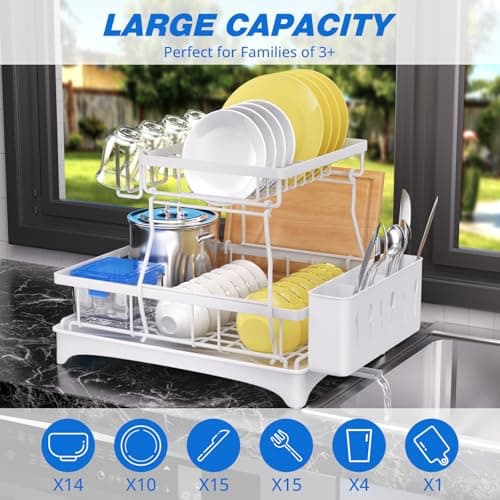 Godboat Dish Drying Rack, 2-Tier Dish Rack with Auto-Drain & Mat, Dish Racks for Kitchen Counter, Dish Drainer with Knife, Fork & Cup Rack, Gifts for Women, Mothers Day, Kitchen Gadgets, White - Thumbnail 2