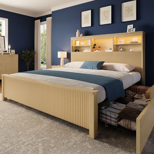 Uteeran King Size Bed Frame and Tall Headboard & Storage, Metal Platform Bed Frame with 4 Storage Drawers, King Bed Frame with LED Lights & Charging Ports, No Box Spring Needed, Noise-Free, Natural - Image 1