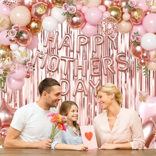 Happy Mother's Day Decorations, Rose Gold Pink Peach White Gold Foil Confetti Balloons Gold Butterfly Fringe Curtains for Mother's Day Party Decorations - Thumbnail 6