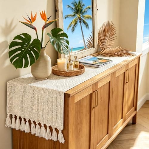 yuboo Boho Table Runner 72 Inches Long, Rustic Farmhouse Dresser Runners for Bedroom, Beige Linen Woven Table Runner with Tassels for Dining Room, Coffee Table, Wedding Decor, Vintage Home Decor - Image 1