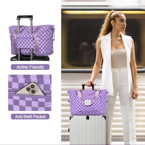 WOOMADA Foldable Travel Duffel, Weekender Bag with Expandable Space, Carry-On for Airplanes, Gym Bag for Women (Lavender Checkerboard) - Thumbnail 5