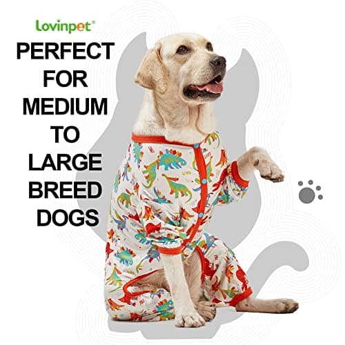 LovinPet Large Dog Pajamas, Undershirt for Dog Coats, Anti Licking, Pitbull Clothes, Pet Anxiety Calming Onesies for Dogs, White Dinos Print, Pet Pajamas for Dogs, Pitbull Shirt, 3XL - Thumbnail 3