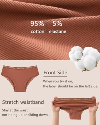 FINETOO Cotton underwear for women Cheeky Bikini Panties Low Rise Soft Lace Hipster Sexy Panty for Dailywear 6 Pack - Thumbnail 5
