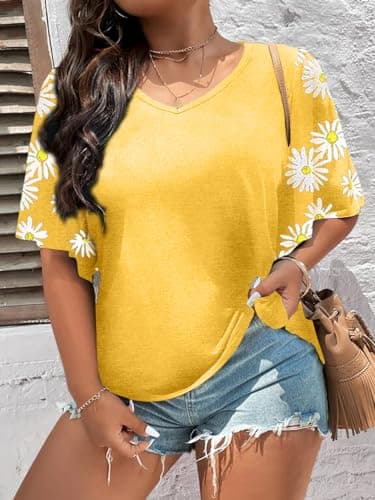 HDLTE Women Plus Size Tops Bell Sleeves Floral Print Shirt Casual Plus Size Blouse (Yellow, 2X) - Thumbnail 3
