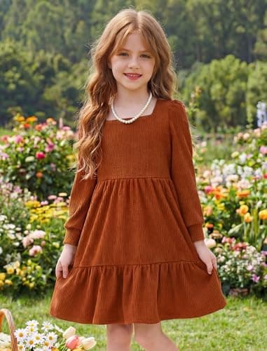JiAmy Toddler Sweater Dress Girls Winter Square Neck Long Sleeve Tiered Ruffle Casual Dresses with Pocket Camel 4-5 Years - Thumbnail 3
