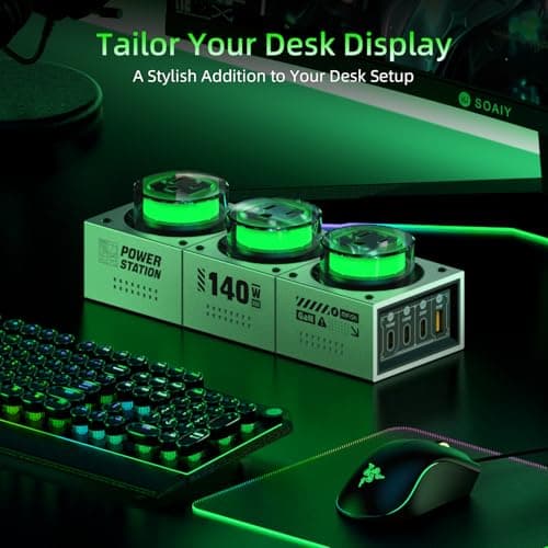 MFish 140W GaN Desktop Charging Station - RGB Gaming Power Hub, 7-in-1 Multi-Device PD 3.1 Fast Charger (3 AC Outlets + 3 USB-C + 1 USB-A Ports) for MacBook Pro, Gaming Setup & Creator Workstation - Thumbnail 6