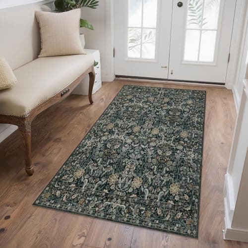 Luxcrest Green 3x5 Area Rug: Vintage Floral Washable Rugs for Entryway Kitchen Bedroom Indoor - Non-Slip Stain Resistant Thin Low Pile - Dark Green - Image 1