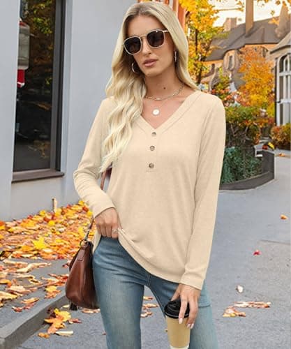 XMTOPYE Pullover for Women V Neck Long Sleeve Fall Tunic Lightweight Tops Apricot - Thumbnail 2