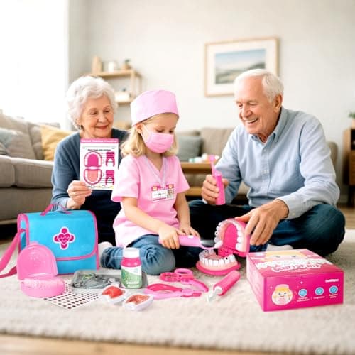 ULOVEME Pink Doctor Kit for Toddlers 3-5 with Costume - Dentist Kit for Kids with Teeth Model /Removable Teeth /Braces /Retainer - Toys for 4 Year Old Girls - Preschool Dramatic Play (Pink) - Thumbnail 2