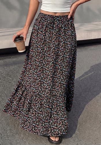 BTFBM Womens Boho Maxi Skirt 2026 Summer Floral High Waisted Flowy Tiered Long Spring Beach Vacation Skirts Pockets(Floral Black Red, XX-Large) - Thumbnail 5
