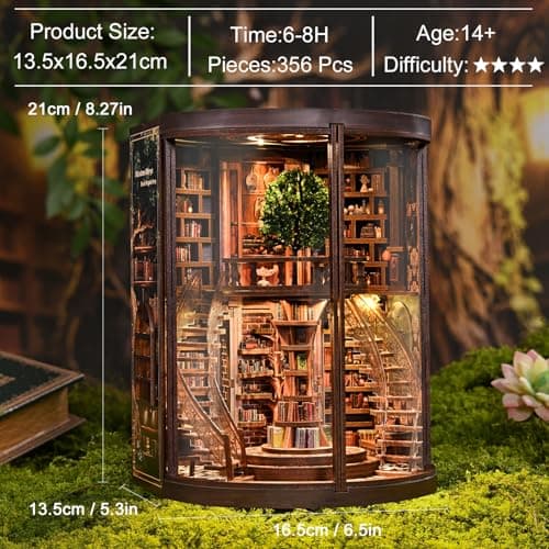 Havefunfun Wisdom Tree Library Book Nook Kit, DIY 3D Wooden Puzzle with Rotating Staircase, LED Light & Dust Cover, Premium Solid Wood Bookend, Vintage Decor, Creative Gift for Adults & Book Lovers - Thumbnail 4