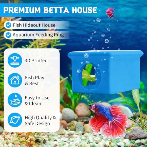 VOXGET Floating Betta Fish Hammock Cave House for Aquarium, 3D Printed Betta Shrimp Feeder & Hideout Cave Toys, Small Aquarium Feeding Ring Decor, Turtle Fish Tank Decorations Accessories -Blue - Thumbnail 3