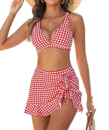High Waisted Bikini Sets for Women Gingham Push Up Two Piece Swim Skirt Set Tummy Control Bathing Suit 2026 Swimsuit Curvy V Neck Ruffle Full Coverage Tops and Bottoms Matching Set Plaid Red Medium - Image 1