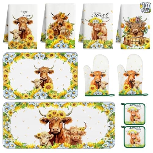 Vetoxka 10 PCS Highland Cow Decor Kitchen Accessories - Sets 4 Dish Towels 2 Pot Holders 2 Oven Mitts 2 Rugs for Home Sweet Home Sunflower Cattle Bathroom Cooking Farmhome Housewarming Baking Gifts - Image 1