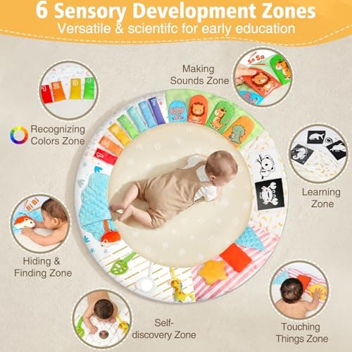 URMYWO Tummy Time Mat - Comfortable Baby Floor Play Mat Activity Gym for 0-3-6-18 Months, 6 Developmental Zones with 5 Detachable Toys for Motor Skills Sensory Development, Baby Essentials Shower Gift - Thumbnail 2
