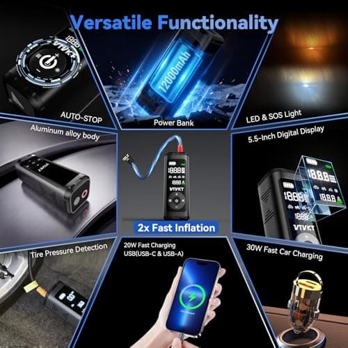VTVKT Tire Inflator Portable Air Compressor, Cordless Inflation Air Pump,12000mAh, 150PSI, Auto Stop, Tire Pressure Gauge, LED/SOS Light, for Car SUV Motorcyle Bike, Flagship Package - Thumbnail 3