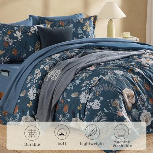 CASAAGUSTO Queen Comforter Set - 7 Pieces Blue Floral Bedding Sets, Queen Bed in a Bag with Botanical Butterfly Comforter, Sheets, Pillowcases & Shams for All Seasons - Thumbnail 2
