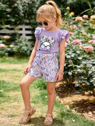 AMAWMW Girl's Outfits Ruffle Sleeve Shirt Top High Waist Paper Bag Shorts with Pockets Cute Summer Clothes, Purple, 11-12 Years - Thumbnail 5