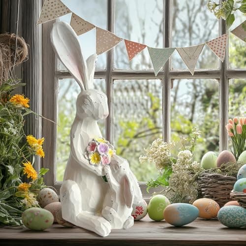 LIFFY Easter Bunnies Statue Home Decor - Charming Hand Painted Resin Rabbit Figurines with Flower, Pretty Spring Home Decor & Gift - Thumbnail 3