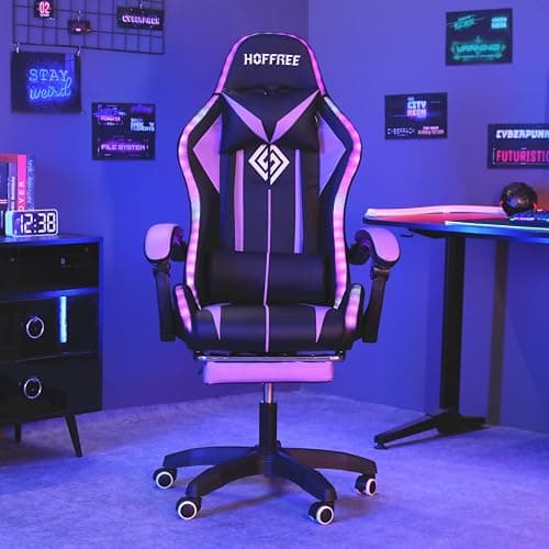 HOFFREE RGB Gaming Chair with Speakers Massage Computer Gaming Chair with LED Lights and Footrest High Back Video Game Chair for Adults Purple and Black - Thumbnail 4
